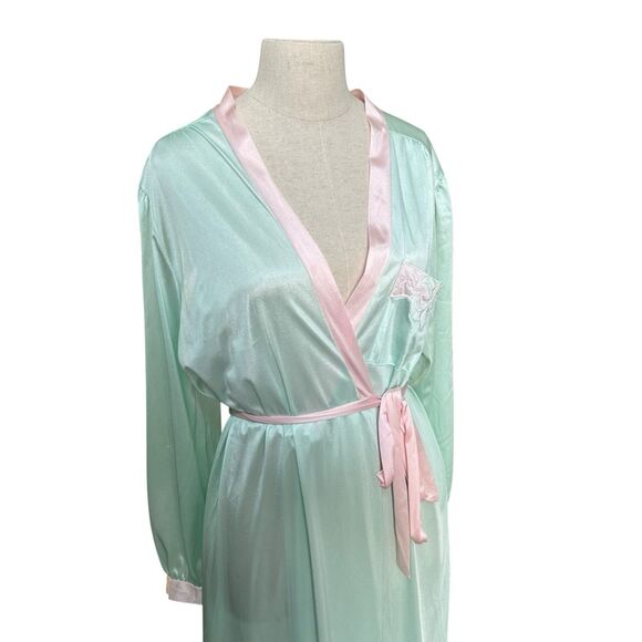 Vintage 80s Gilead Mint Green Pink Trim Satin Robe Dressing Gown Made in USA - Picture 2 of 7